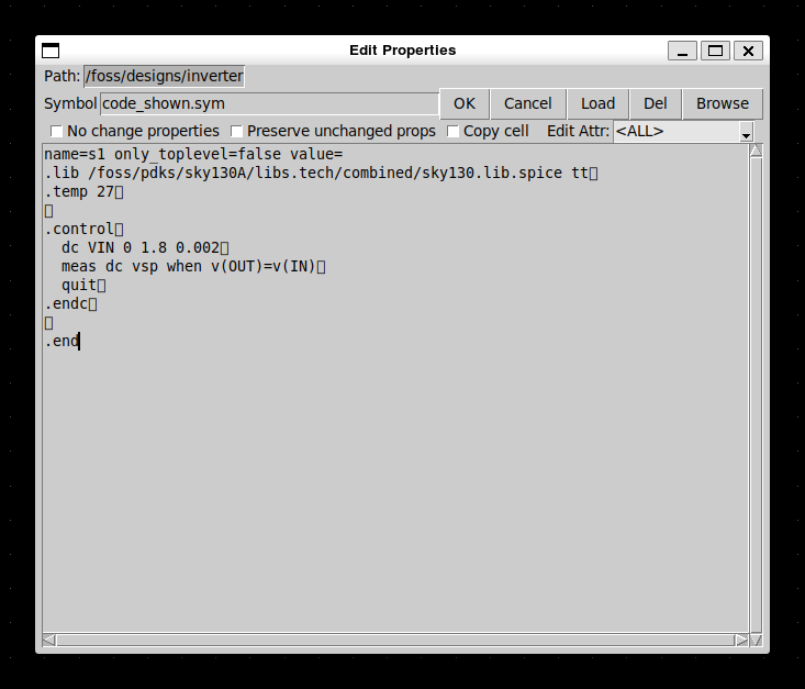 code_shownのEdit Properties画面。value=の欄が見える